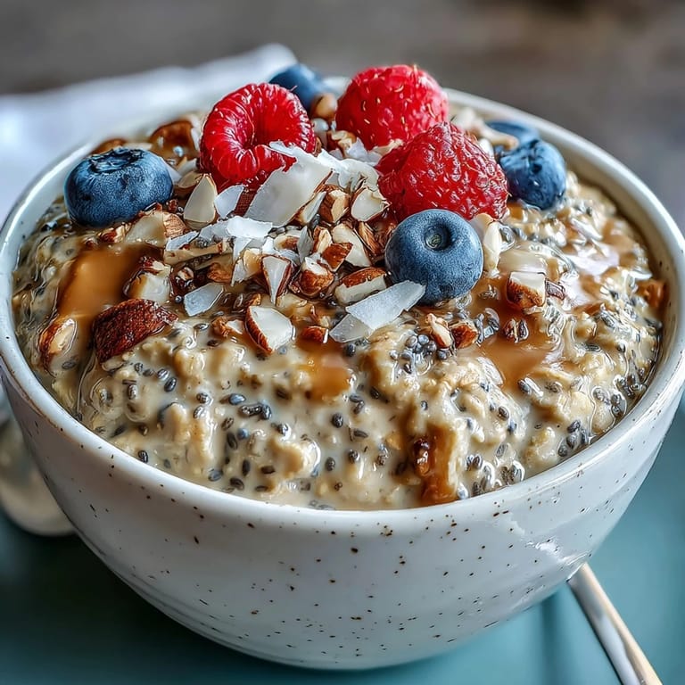 Delicious high fiber overnight oats, topped with fresh vibrant berries.