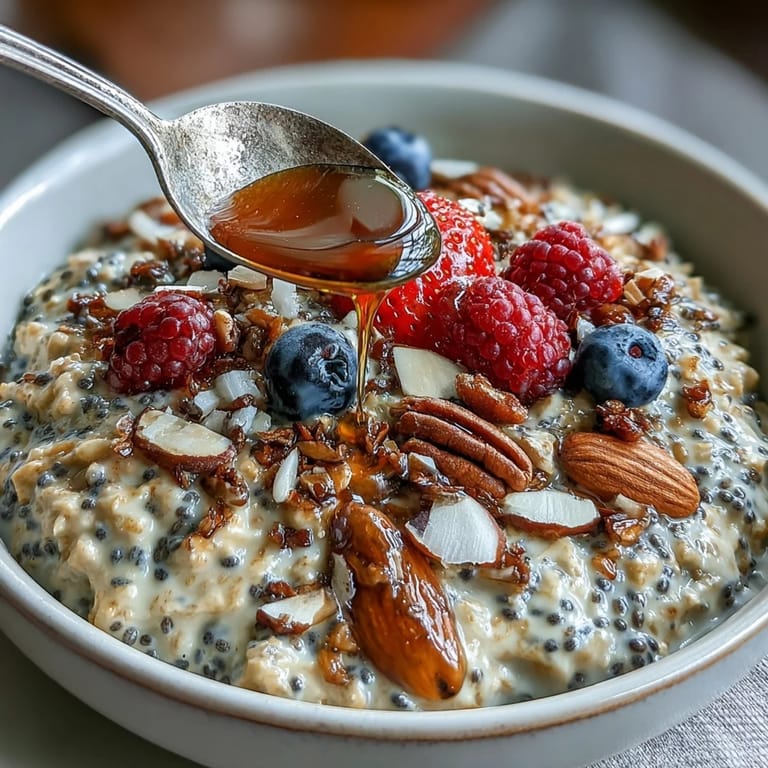 Wholesome chia and flax overnight oats ready to eat, with fruit.