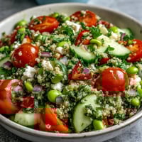 A bowl of vibrant Edamame and Quinoa Salad with fresh cherry tomatoes, cucumber, and red bell pepper, tossed in a zesty lemon dressing.
