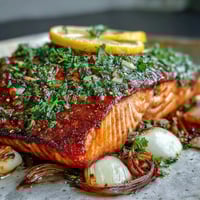 Golden-brown roasted leeks and onions surround skin-on salmon fillets on a baking sheet, garnished with lemon slices for a zesty One-Pan Roast Salmon With Leeks, Onions, and Parsley Dressing.