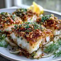 Golden-brown baked halibut fillets topped with lemon-walnut pangrattato, served over baked fennel in a rustic ceramic dish.