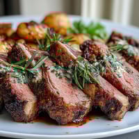 A succulent One-Pan Roast Rack of Lamb, fresh from the oven, rests beside golden potatoes studded with green olives and fresh parsley.