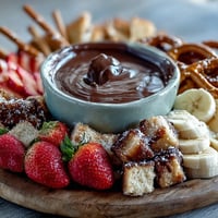 Creamy Boozy Chocolate Fondue bubbling in a fondue pot with fresh strawberries and marshmallows for dipping.
