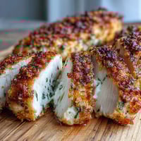 Golden-brown oven baked chicken breast seasoned with herbs, sliced to reveal juicy interior on a white plate.