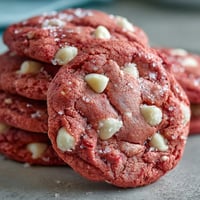 Freshly baked Pink Velvet Cookies with creamy white chocolate chips on a cooling rack.