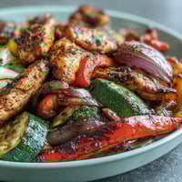 Sheet Pan Fajita Bowl with roasted chicken, charred peppers, and onions served over fluffy rice.