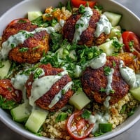 Golden-brown baked falafel sits atop fluffy quinoa, garnished with fresh cucumber and tomatoes in this Falafel Quinoa Salad Bowl.