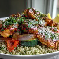 Freshly sliced paprika herb chicken rests atop fluffy quinoa and golden roasted vegetables, ready to serve.