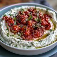 Creamy whipped feta dip topped with sweet roasted cherry tomatoes and fresh basil, served with warm pita bread.