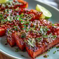 Vibrant watermelon slices dusted with Tajin and drizzled with lime juice, perfect for a refreshing summer treat.  