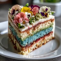 A stunning pastel ombre spring cake adorned with delicate edible flowers, perfect for festive celebrations.  