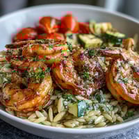 One-Pan Lemon Butter Shrimp and Orzo in a skillet with vibrant cherry tomatoes and fresh parsley.