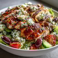 Vibrant Greek salad bowl topped with tender grilled chicken, fresh vegetables, and creamy feta cheese.  