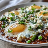 Vibrant Pea and Broad Bean Shakshuka simmers in a deep skillet, featuring soft-cooked eggs nestled into a bright spring vegetable tomato sauce.