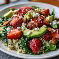 Strawberry Avocado Quinoa Salad with creamy avocado and juicy strawberries, tossed in a citrus dressing for a light and healthy meal.  