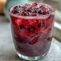 A vibrant glass of blackberry lavender lemonade fizz with fresh berries and lemon slices.  