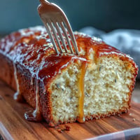A moist lemon lavender loaf cake drizzled with golden honey glaze, served on a rustic wooden board with fresh lemon slices and lavender sprigs.