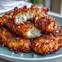 Golden-brown, extra crispy pickle brine chicken tenders ready for dipping.